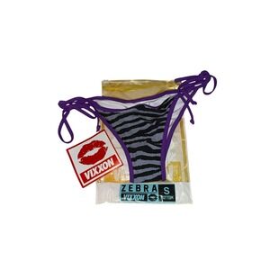 Vixxon Zebra Bikini Bottom Purple‎ Trim Ruched Side Tie Swimwear Small NEW